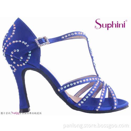 Suphini Blue Satin Fancy Leather Sole Latin Ballroom Dance Shoes